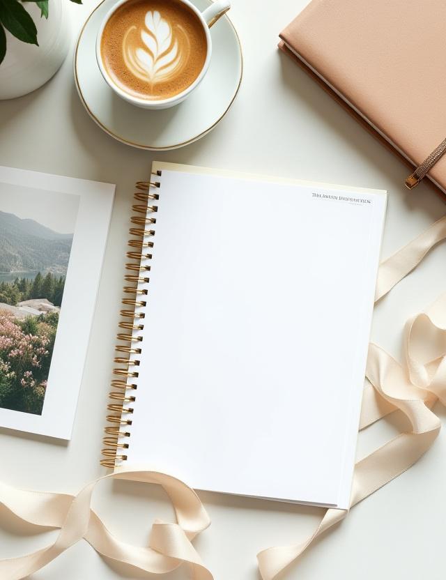 Elegant wedding planning consultation setting with mood boards and coffee